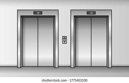 Two cartoon elevators with closed doors line vector illustration.