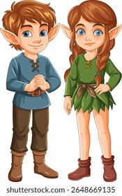 Two cartoon elves with expressive features, dressed in medieval attire. Bright colors and detailed shading enhance their whimsical appearance