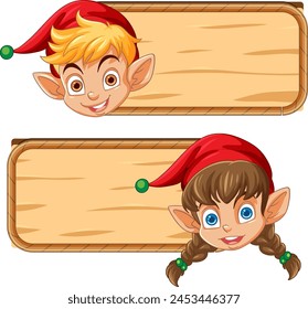 Two cartoon elves peeking behind wooden signs.