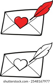 Dois envelopes de desenho animado, um com um coração e uma pena vermelhos, o outro com um coração e uma pena brancos.