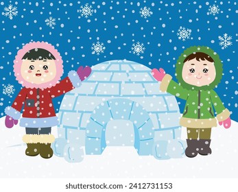 Two cartoon eskimo kids standing next to an igloo