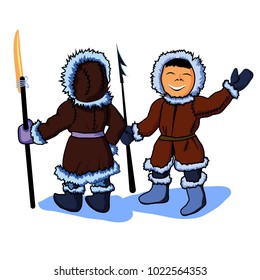 Two cartoon eskimos with harpoons vector objects