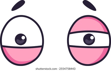 Two cartoon eyes displaying contrasting emotions, one showcasing a worried expression while the other presents a relaxed, almost sleepy demeanor, create a playful visual narrative