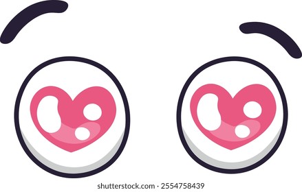 Two cartoon eyes featuring heart shaped pupils radiate love, passion, and romantic feelings, crafting a delightful and endearing visual that captures affection and joy