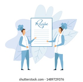 Two Cartoon Faceless Men Chef in Uniform Discuss Recipe Illustration. Man Cooks Standing near Huge Empty Ingredient List. Vector Flat Mockup for Menu, Dish Composition. Foliage Floral Design