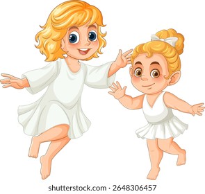Two cartoon fairies with golden hair in white dresses joyfully dancing, showcasing vibrant expressions and dynamic movement