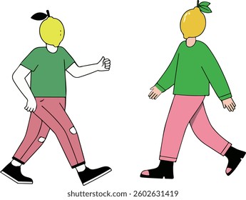 Two cartoon figures with lemon heads walking, wearing green shirts and pink pants.
