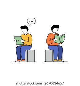 Zwei Zeichentrickfiguren sitzen auf Blöcken. Man liest eine Tablette mit einer Gedankenblase. Der andere liest ein Buch.