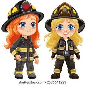 Two cartoon firefighters in uniform smiling