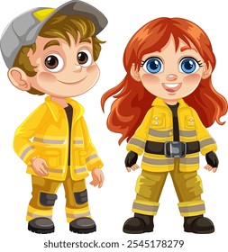 Two cartoon firefighters in yellow uniforms