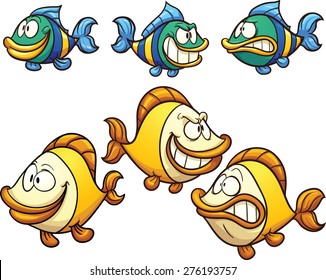 Two cartoon fish with different emotions. Vector clip art illustration with simple gradients. Each element on a separate layer.