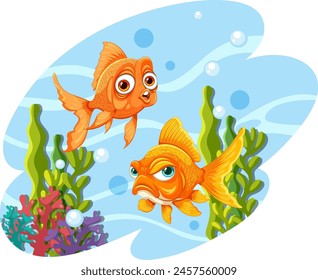 Two cartoon fish with expressive faces underwater.