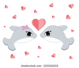  Two cartoon fish in love on a background of pink hearts.