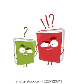 Two cartoon flat character of books with question, vector illustration isolated on white background