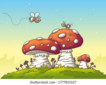 Two cartoon flies on mushrooms. Hand drawn vector illustration with separate layers.