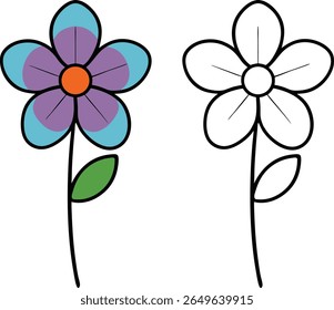 Two Cartoon Flowers One Colored One Outlined With Stems and Leaves on White Background