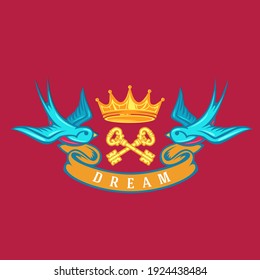 Two cartoon flying  swallow with key and golden crown isolated on red background. Design bird in retro vintage style for old school tattoo, print, label, poster. Vector illustration.