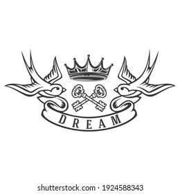 Two cartoon flying  swallow with key and crown isolated on white background. Design bird in retro vintage style for old school tattoo, print, label, poster. Vector illustration.