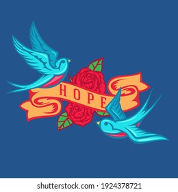 Two cartoon flying swallow with ribbon and roses isolated on blue background. Design bird in retro vintage style for old school tattoo, print, label, poster. Vector illustration.