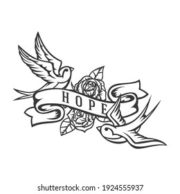Two cartoon flying swallow with ribbon and roses isolated on white background. Design bird in retro vintage style for old school tattoo, print, label, poster. Vector illustration.