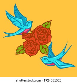 Two cartoon flying swallow with roses isolated on yellow background. Design bird in retro vintage style for old school tattoo, print, label, poster. Vector illustration.