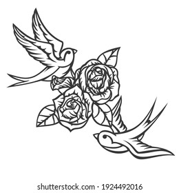 Two cartoon flying swallow with roses isolated on white background. Design bird in retro vintage style for old school tattoo, print, label, poster. Vector illustration.