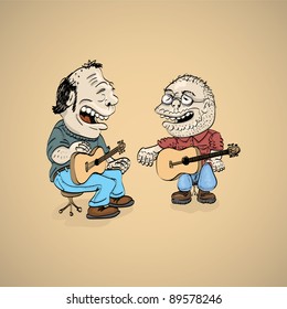 two cartoon folk singer with guitar - illustration