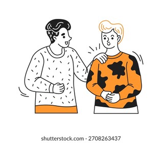 Two cartoon friends smiling and interacting warmly in casual sweaters. They stand close together with friendly gestures. Black and orange color scheme emphasizes playfulness.
