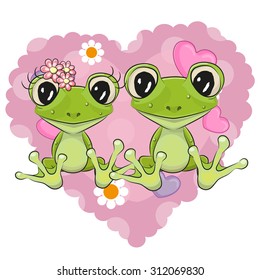 Two Cartoon frogs on a background of heart
