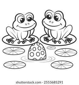 Two cartoon frogs sitting on lily pads in a pond. Between them is an egg with a polka dot pattern, floating on the water.