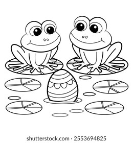 Two cartoon frogs sitting on lily pads in a pond. Between them, there's an ornate, striped egg floating on the water.