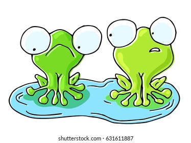 Two cartoon Frogs are speaking and sitting in a puddle. Little green animals. Vector Isolated illustration on white background. Quirky character for kids.