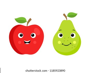 Two cartoon fruit characters isolated on white: apple and pear vector flat design