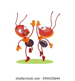 Two cartoon funny ants in a team greet each other. The concept of cooperation. The orange fire insect builds a nest and collects food for the winter. Vector illustration isolated on white background.