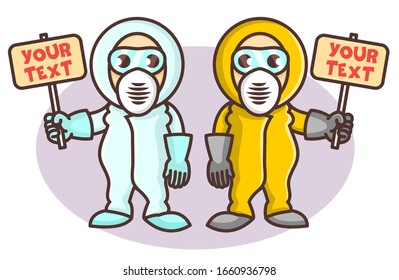 Two cartoon funny Epidemiologists or biologists characters in yellow and blue coverall with a signboard. Restriction area sign. Quarantine zone. 