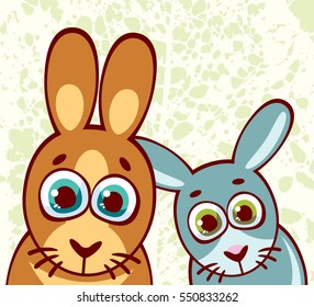 Two cartoon funny rabbits with big eyes. Vector illustration. Bunny family.