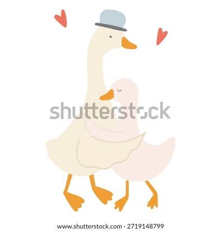 Two cartoon geese hugging lovingly with hearts, representing affection and togetherness