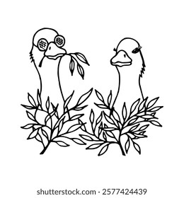 Two cartoon geese surrounded by leafy branches, one wearing round glasses and holding a twig in its beak. Black and white hand-drawn illustration. Farm animal and nature theme. 