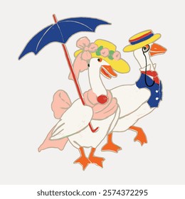 Two cartoon geese in vintage attire. One goose wears a yellow hat and pink bow, holding an umbrella. The other goose sports a blue vest and hat. Charming geese illustration. Vintage art vector.