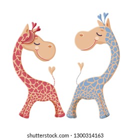Two cartoon giraffes. Best friends. Couple in love. Isolated white background.