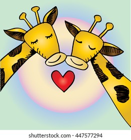  Two cartoon giraffes in love.