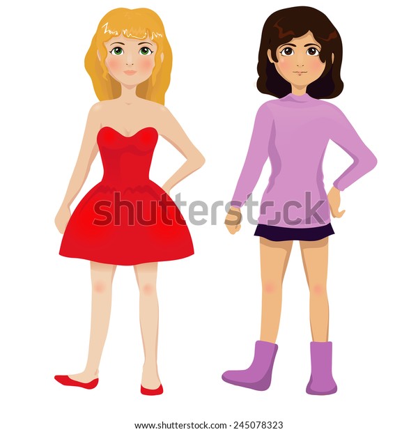 Two Cartoon Girls Blonde Dark Brown Stock Vector Royalty Free