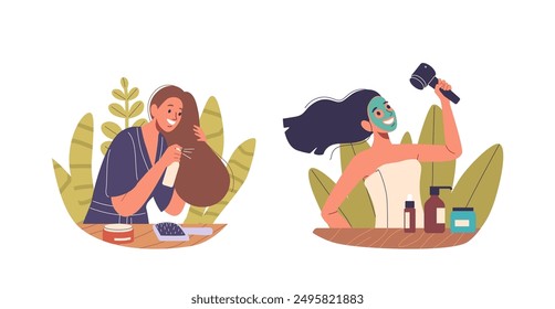 Two Cartoon Girls Characters Performing Beauty Routines At Home. Vector Scene Promotes Self-care And Wellness