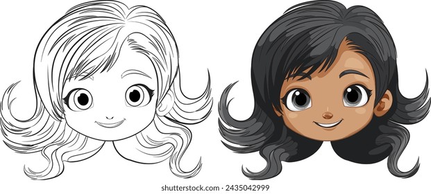 Two cartoon girls with different hair and skin tones.