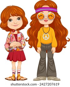 Two cartoon girls dressed in vintage 70s attire.