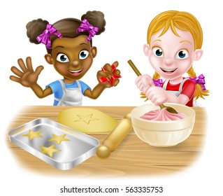 Two cartoon girls, one black one white, dressed as chefs or bakers making cakes and cookies