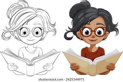Two cartoon girls reading, enjoying literature together
