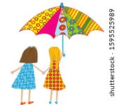 Two cartoon girls with an umbrella