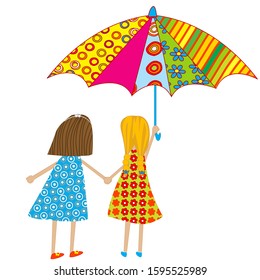 Two cartoon girls with an umbrella