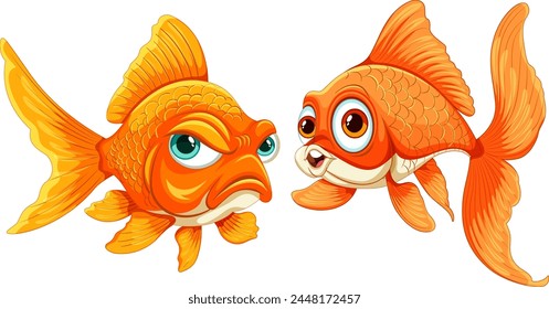 Two cartoon goldfish facing each other, vibrant colors.